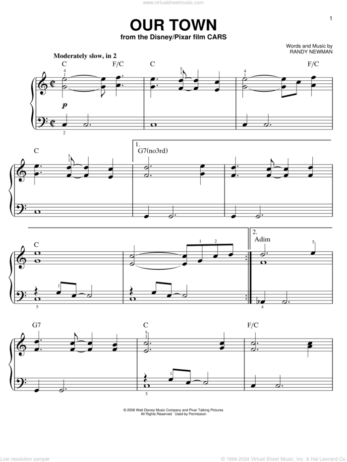 Our Town (from Cars) sheet music for piano solo by James Taylor, Cars (Movie) and Randy Newman, easy skill level