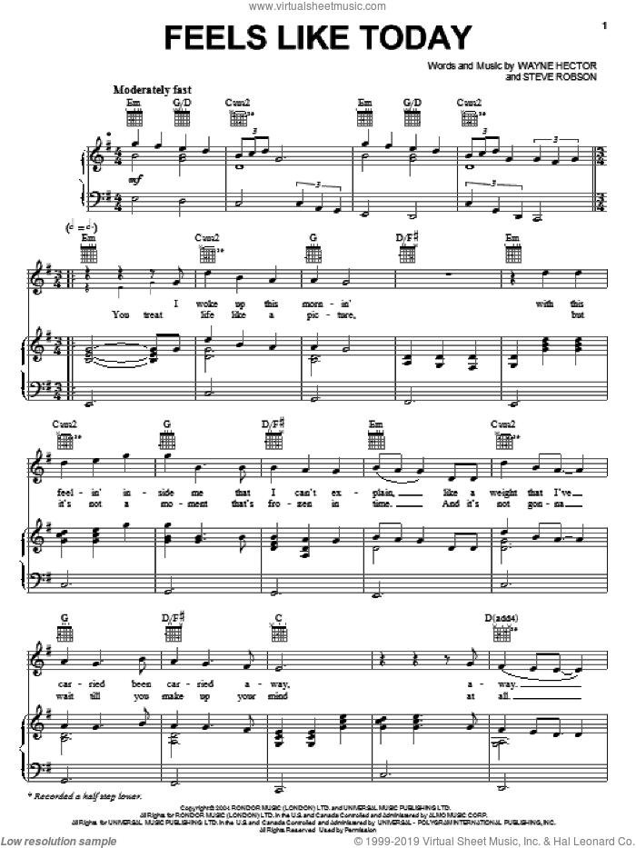Feels Like Today sheet music for voice, piano or guitar by Rascal Flatts, Steve Robson and Wayne Hector, intermediate skill level