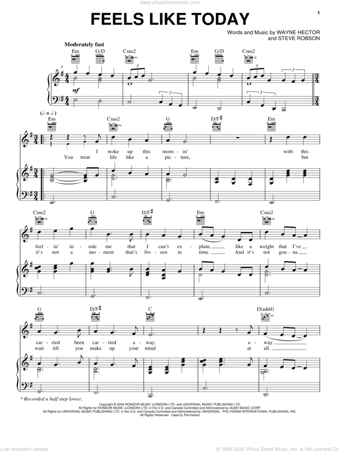 Feels Like Today sheet music for voice, piano or guitar by Rascal Flatts, Steve Robson and Wayne Hector, intermediate skill level