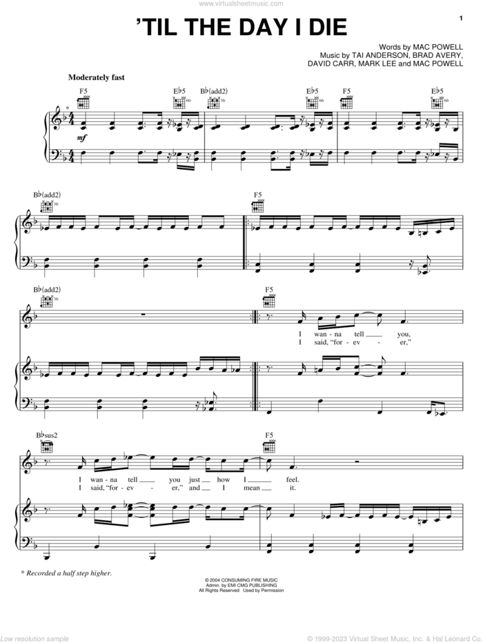 'Til The Day I Die sheet music for voice, piano or guitar by Third Day, Brad Avery, David Carr, Mac Powell, Mark Lee and Tai Anderson, intermediate skill level