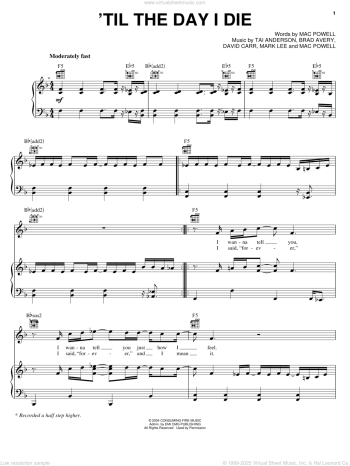 'Til The Day I Die sheet music for voice, piano or guitar by Third Day, Brad Avery, David Carr, Mac Powell, Mark Lee and Tai Anderson, intermediate skill level