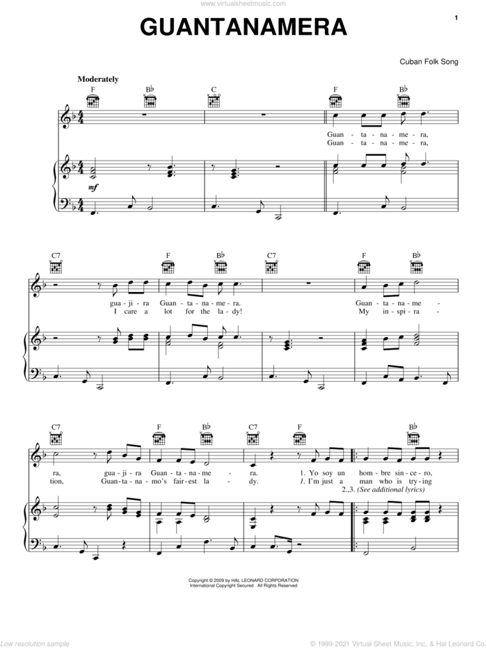 Guantanamera sheet music for voice, piano or guitar, intermediate skill level