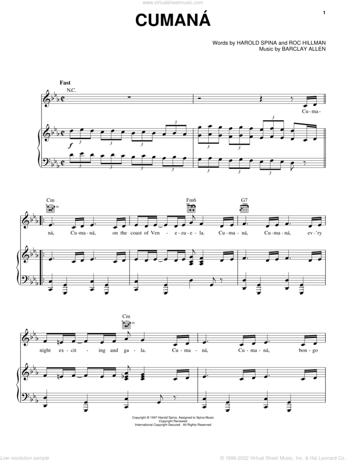 Cumana sheet music for voice, piano or guitar by Harold Spina, Barclay Allen and Roc Hillman, intermediate skill level