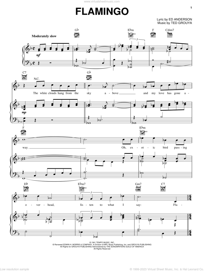 Flamingo sheet music for voice, piano or guitar by Duke Ellington, Herb Alpert, Herb Alpert & The Tijuana Brass, Ed Anderson and Ted Grouya, intermediate skill level