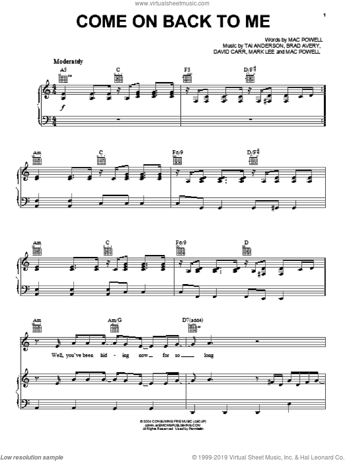 Come On Back To Me sheet music for voice, piano or guitar by Third Day, Brad Avery, David Carr, Mac Powell, Mark Lee and Tai Anderson, intermediate skill level