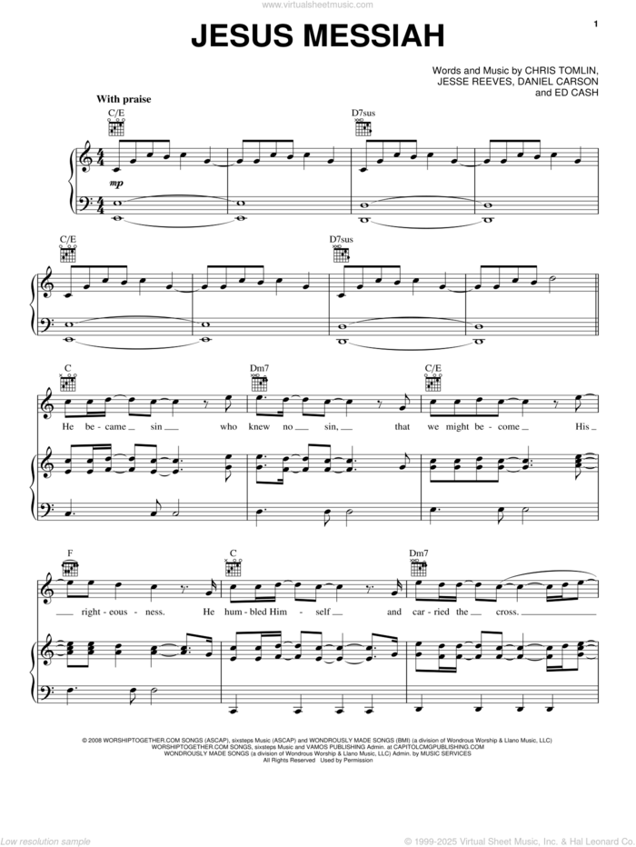 Jesus Messiah sheet music for voice, piano or guitar by Chris Tomlin, Daniel Carson, Ed Cash and Jesse Reeves, intermediate skill level