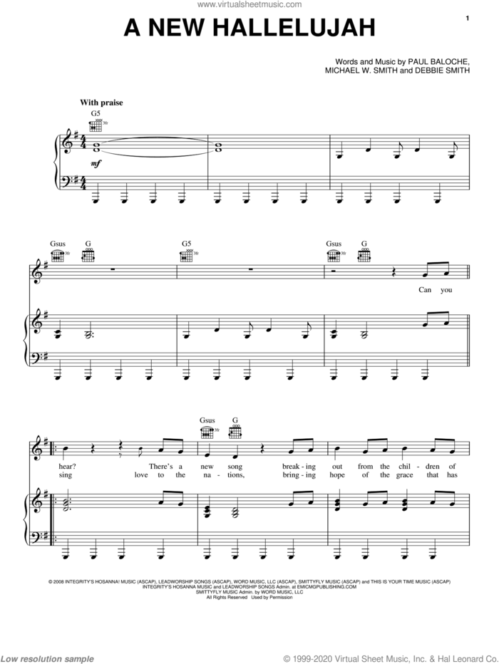 A New Hallelujah sheet music for voice, piano or guitar by Michael W. Smith, Debbie Smith and Paul Baloche, intermediate skill level