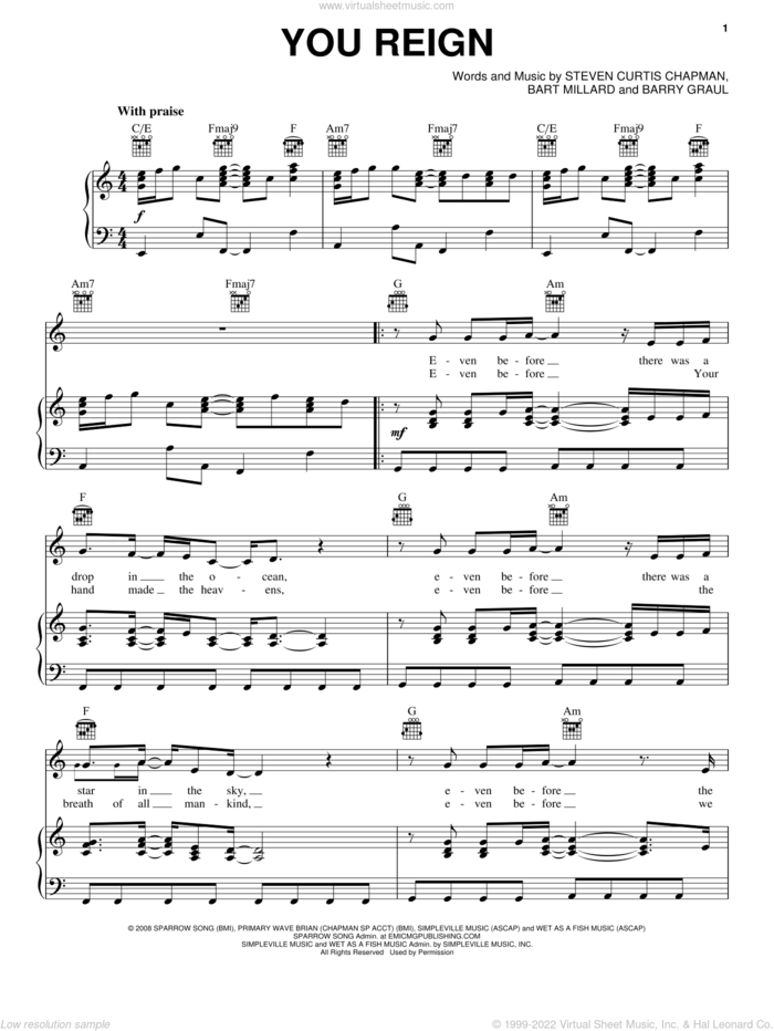 You Reign sheet music for voice, piano or guitar by MercyMe, Barry Graul, Bart Millard and Steven Curtis Chapman, intermediate skill level