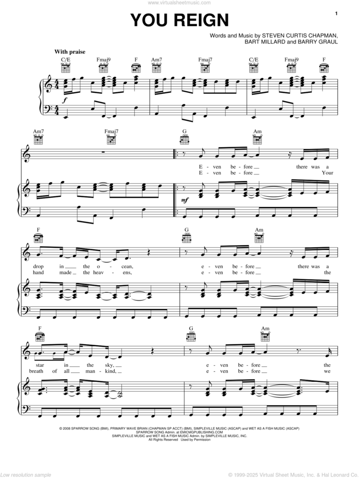 You Reign sheet music for voice, piano or guitar by MercyMe, Barry Graul, Bart Millard and Steven Curtis Chapman, intermediate skill level