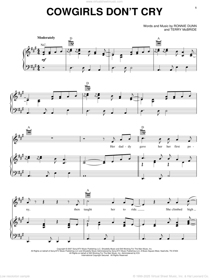 Cowgirls Don't Cry sheet music for voice, piano or guitar by Brooks & Dunn featuring Reba McEntire, Brooks & Dunn, Reba McEntire, Ronnie Dunn and Terry McBride, intermediate skill level