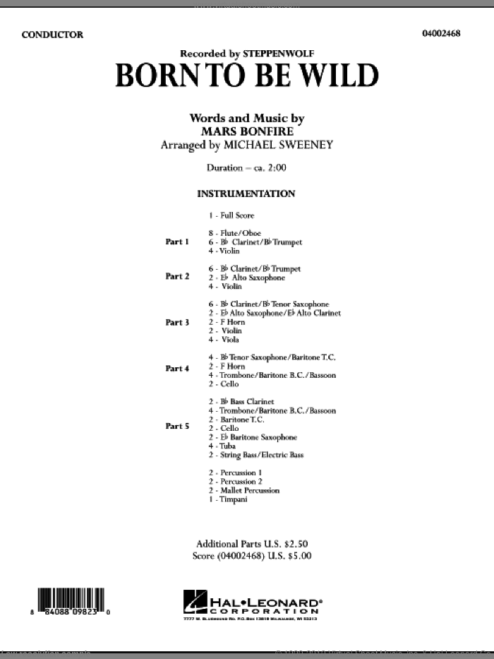 Born to Be Wild (COMPLETE) sheet music for concert band by Michael Sweeney, Mars Bonfire and Steppenwolf, intermediate skill level
