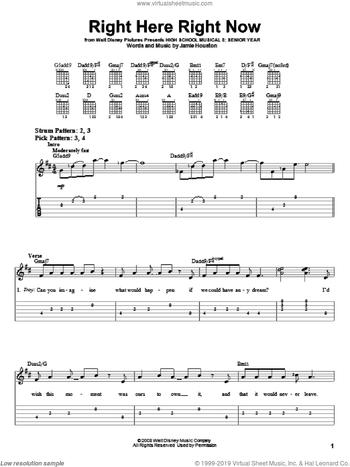 Right Here Right Now sheet music for guitar solo (easy tablature) by High School Musical 3 and Jamie Houston, easy guitar (easy tablature)