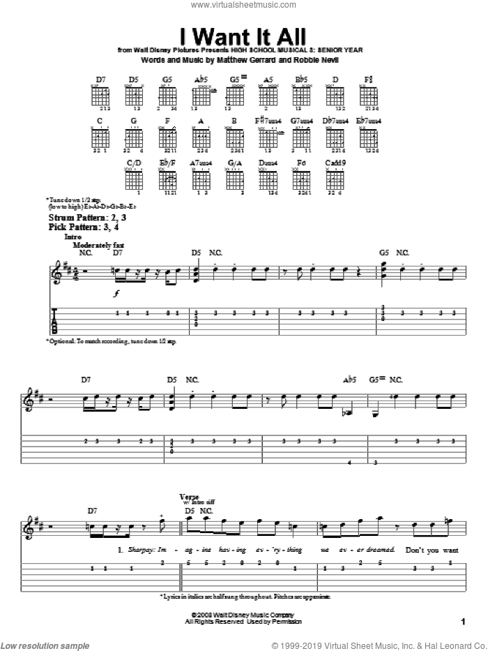 I Want It All sheet music for guitar solo (easy tablature) by High School Musical 3, Matthew Gerrard and Robbie Nevil, easy guitar (easy tablature)