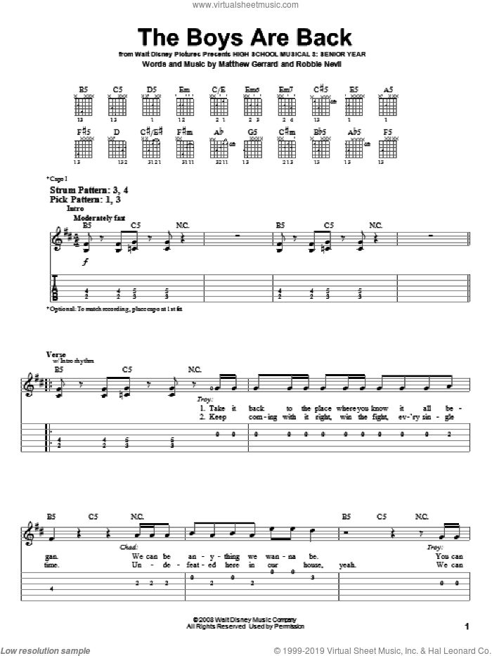 The Boys Are Back sheet music for guitar solo (easy tablature) by High School Musical 3, Matthew Gerrard and Robbie Nevil, easy guitar (easy tablature)