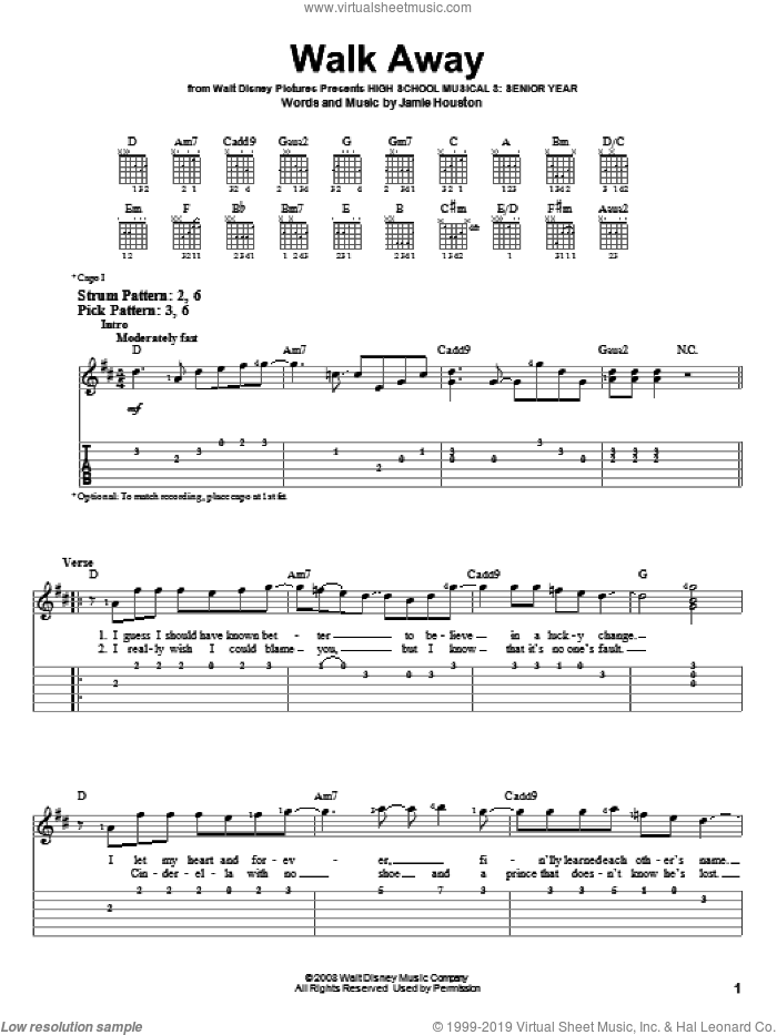 Walk Away sheet music for guitar solo (easy tablature) by High School Musical 3 and Jamie Houston, easy guitar (easy tablature)
