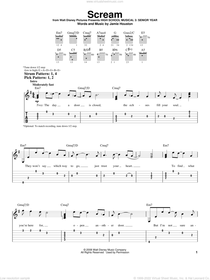Scream sheet music for guitar solo (easy tablature) by High School Musical 3 and Jamie Houston, easy guitar (easy tablature)
