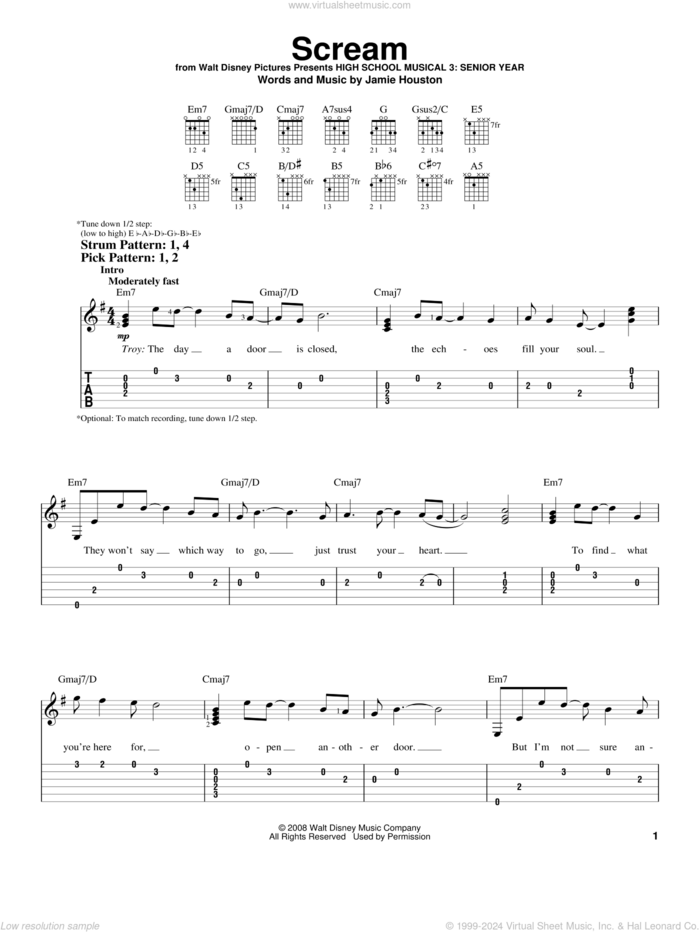 Scream sheet music for guitar solo (easy tablature) by High School Musical 3 Cast, High School Musical 3 and Jamie Houston, easy guitar (easy tablature)