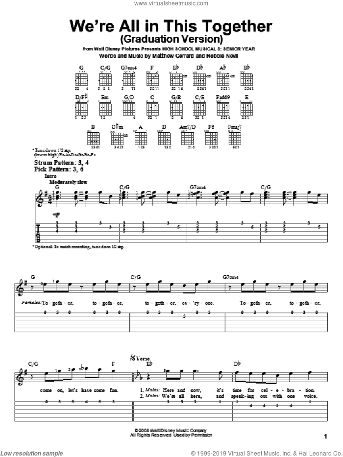 We're All In This Together (Graduation Version) (from High School Musical 3: Senior Year) sheet music for guitar solo (easy tablature) by High School Musical 3 Cast, High School Musical 3, Matthew Gerrard and Robbie Nevil, easy guitar (easy tablature)