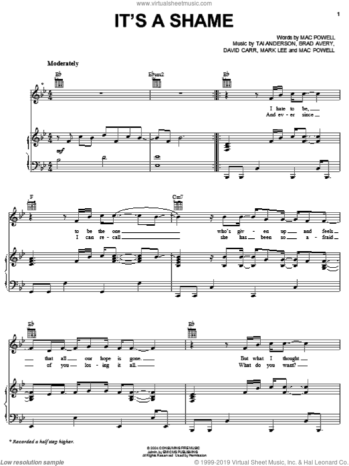 It's A Shame sheet music for voice, piano or guitar by Third Day, Brad Avery, David Carr, Mac Powell, Mark Lee and Tai Anderson, intermediate skill level