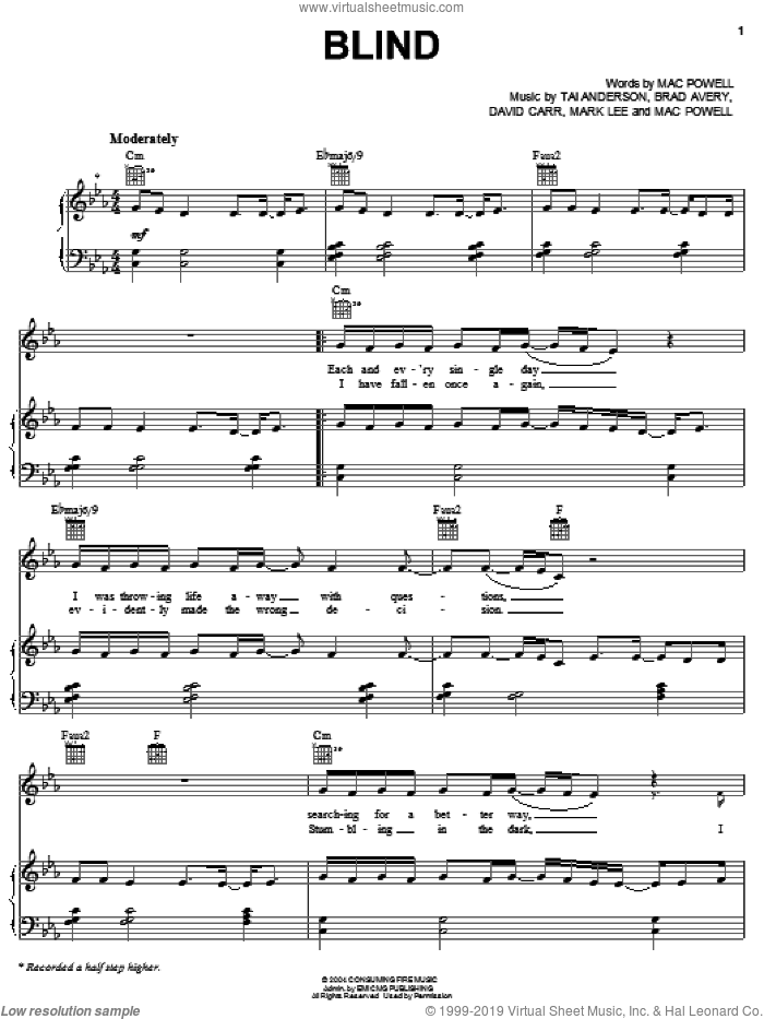 Blind sheet music for voice, piano or guitar by Third Day, Brad Avery, David Carr, Mac Powell, Mark Lee and Tai Anderson, intermediate skill level