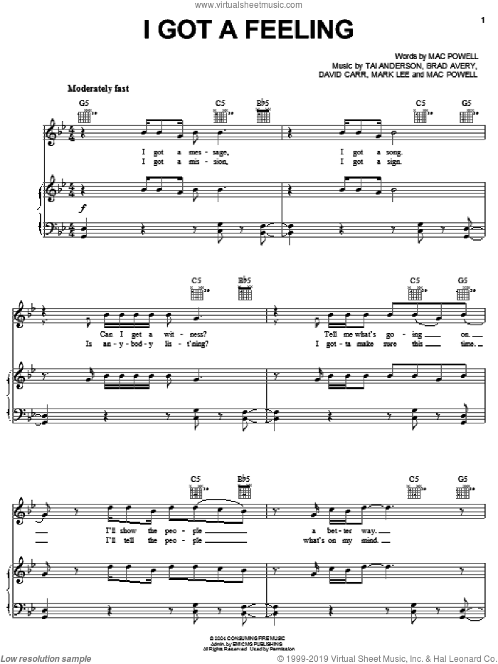 I Got A Feeling sheet music for voice, piano or guitar by Third Day, Brad Avery, David Carr, Mac Powell, Mark Lee and Tai Anderson, intermediate skill level