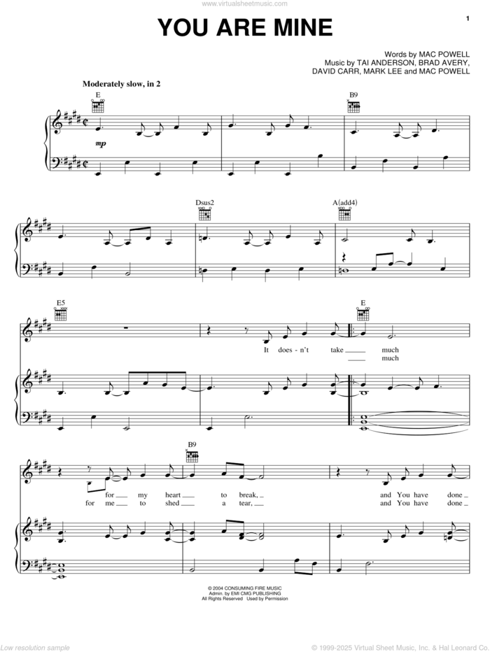 You Are Mine sheet music for voice, piano or guitar by Third Day, Brad Avery, David Carr, Mac Powell, Mark Lee and Tai Anderson, intermediate skill level