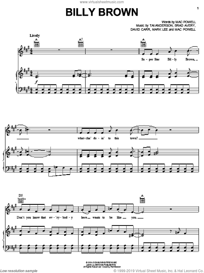 Billy Brown sheet music for voice, piano or guitar by Third Day, Brad Avery, David Carr, Mac Powell, Mark Lee and Tai Anderson, intermediate skill level