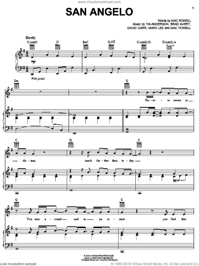 San Angelo sheet music for voice, piano or guitar by Third Day, Brad Avery, David Carr, Mac Powell, Mark Lee and Tai Anderson, intermediate skill level