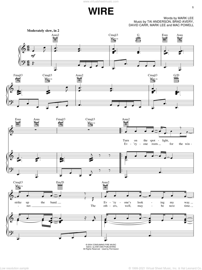 Wire sheet music for voice, piano or guitar by Third Day, Brad Avery, David Carr, Mac Powell, Mark Lee and Tai Anderson, intermediate skill level