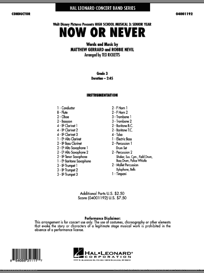 Now or Never (from High School Musical 3) (COMPLETE) sheet music for concert band by Matthew Gerrard, Robbie Nevil and Ted Ricketts, intermediate skill level