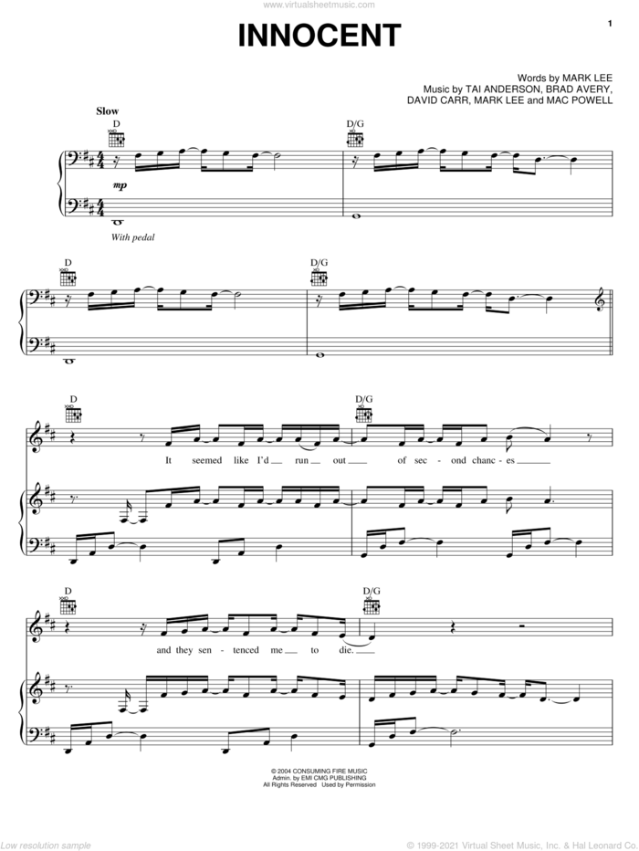 Innocent sheet music for voice, piano or guitar by Third Day, Brad Avery, David Carr, Mac Powell, Mark Lee and Tai Anderson, intermediate skill level