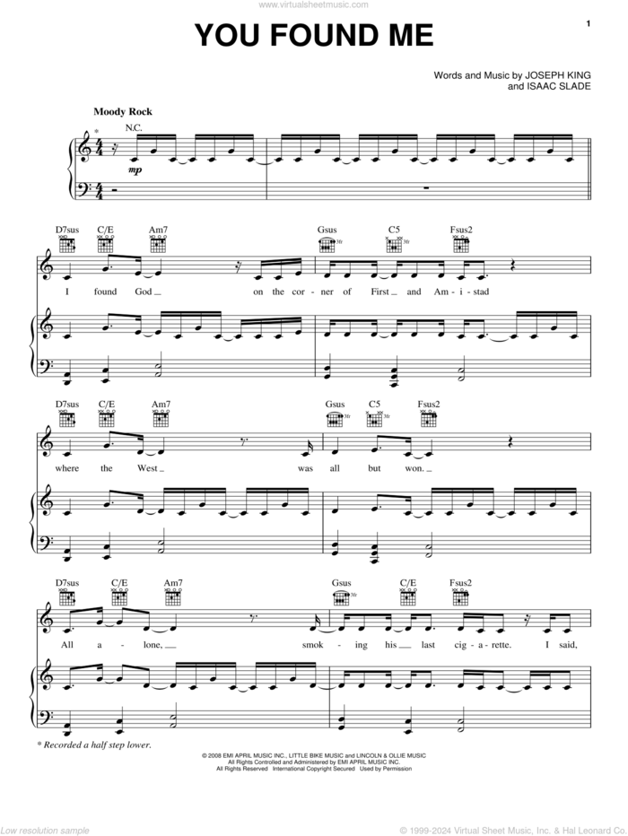 You Found Me sheet music for voice, piano or guitar by The Fray, Isaac Slade and Joseph King, intermediate skill level
