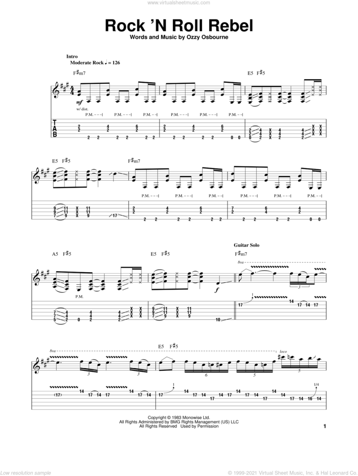 Rock 'N Roll Rebel sheet music for guitar (tablature, play-along) by Ozzy Osbourne, intermediate skill level