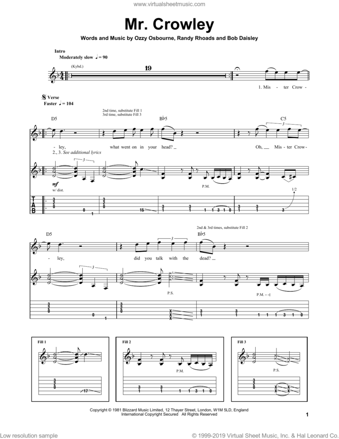 Mr. Crowley sheet music for guitar (tablature, play-along) by Ozzy Osbourne, Bob Daisley and Randy Rhoads, intermediate skill level