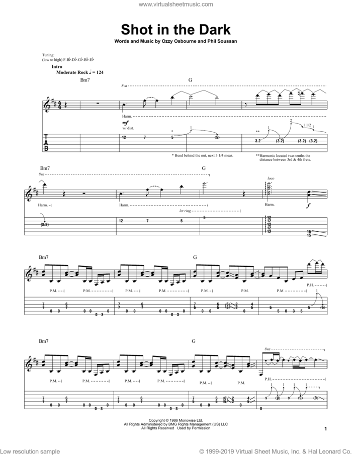 Shot In The Dark sheet music for guitar (tablature, play-along) by Ozzy Osbourne and Phil Soussan, intermediate skill level