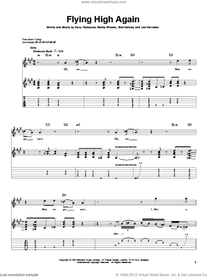 Flying High Again sheet music for guitar (tablature, play-along) by Ozzy Osbourne, Bob Daisley, Lee Kerslake and Randy Rhoads, intermediate skill level