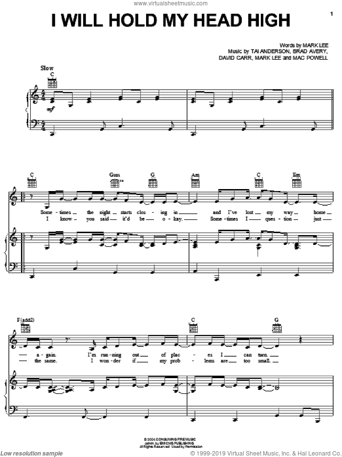 I Will Hold My Head High sheet music for voice, piano or guitar by Third Day, Brad Avery, David Carr, Mac Powell, Mark Lee and Tai Anderson, intermediate skill level