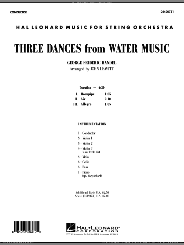 Three Dances from Water Music (COMPLETE) sheet music for orchestra by George Frideric Handel and John Leavitt, intermediate skill level