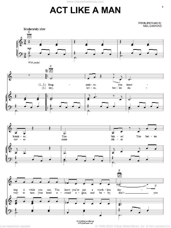 Act Like A Man sheet music for voice, piano or guitar by Neil Diamond, intermediate skill level