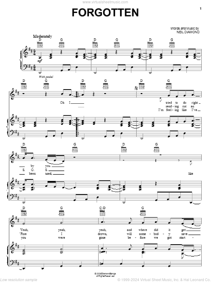 Forgotten sheet music for voice, piano or guitar by Neil Diamond, intermediate skill level