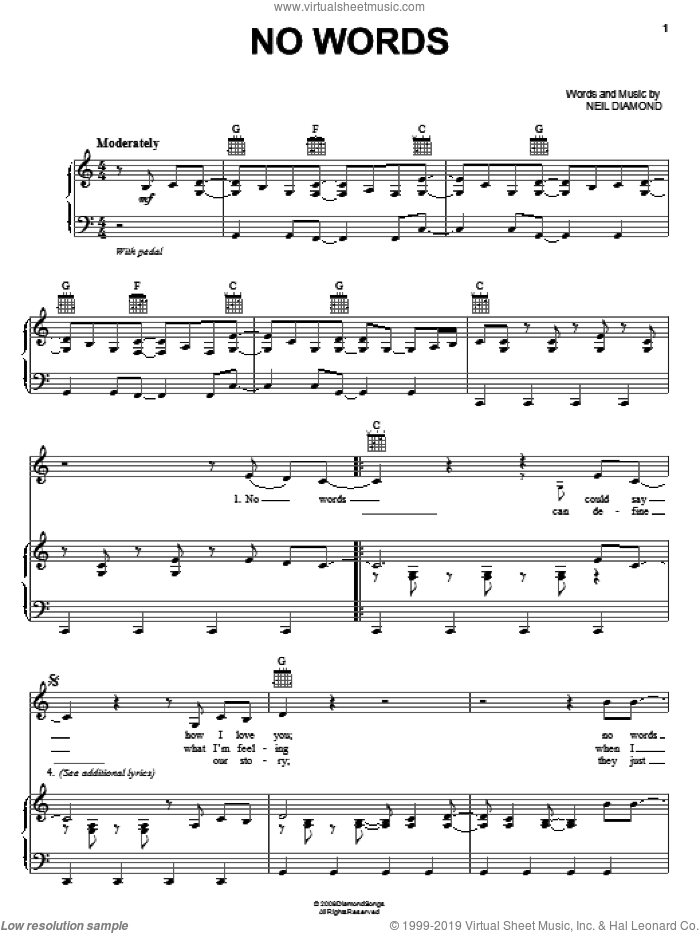 No Words sheet music for voice, piano or guitar by Neil Diamond, intermediate skill level