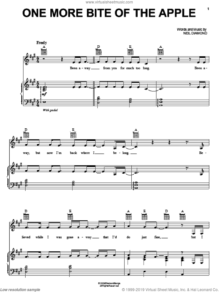 One More Bite Of The Apple sheet music for voice, piano or guitar by Neil Diamond, intermediate skill level