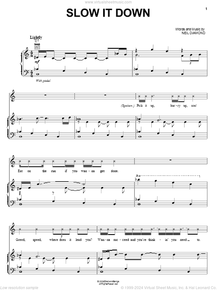 Slow It Down sheet music for voice, piano or guitar by Neil Diamond, intermediate skill level