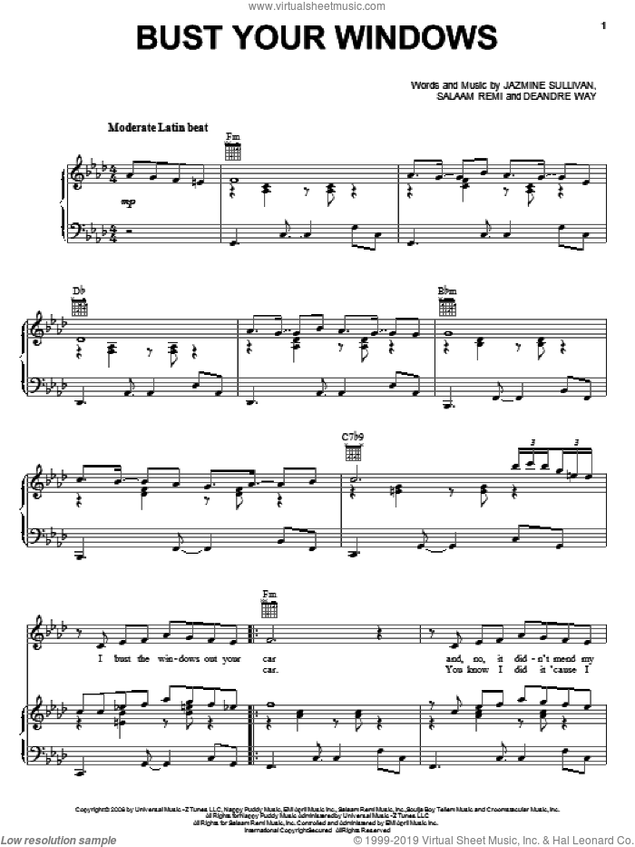 Bust Your Windows sheet music for voice, piano or guitar by Jazmine Sullivan, Miscellaneous, Deandre Way and Salaam Remi, intermediate skill level