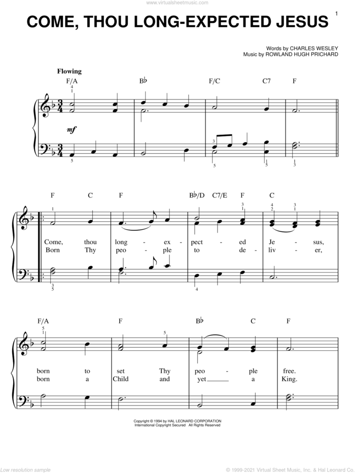 Come, Thou Long-Expected Jesus, (easy) sheet music for piano solo by Charles Wesley and Rowland Prichard, easy skill level