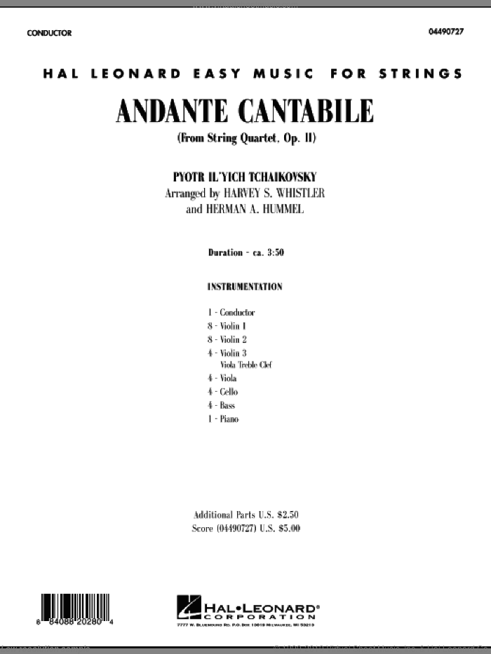 Andante Cantabile (from String Quartet, Op. 11) (COMPLETE) sheet music for orchestra by Pyotr Ilyich Tchaikovsky, Harvey Whistler and Herman Hummel, classical score, intermediate skill level