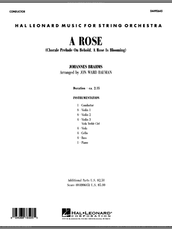 A Rose (Chorale Prelude on 'Behold, a Rose Is Blooming') (COMPLETE) sheet music for orchestra by Johannes Brahms and Jon Ward Bauman, classical score, intermediate skill level