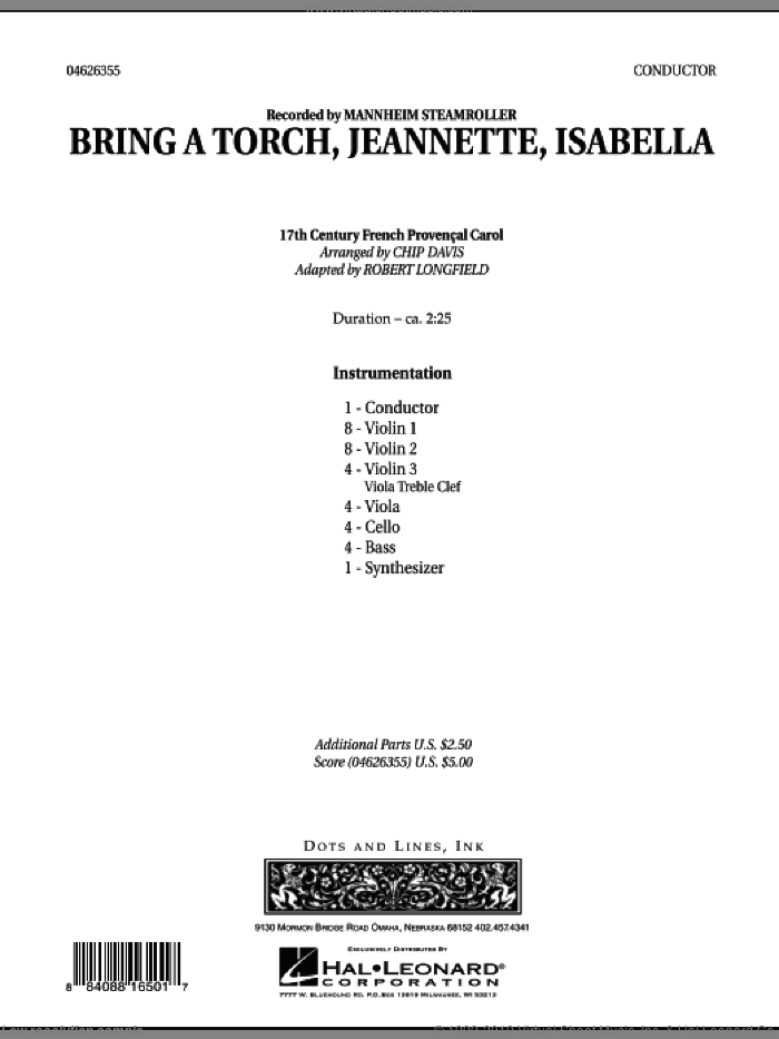 Bring a Torch, Jeannette, Isabella (COMPLETE) sheet music for orchestra by Robert Longfield, Chip Davis and Mannheim Steamroller, intermediate skill level