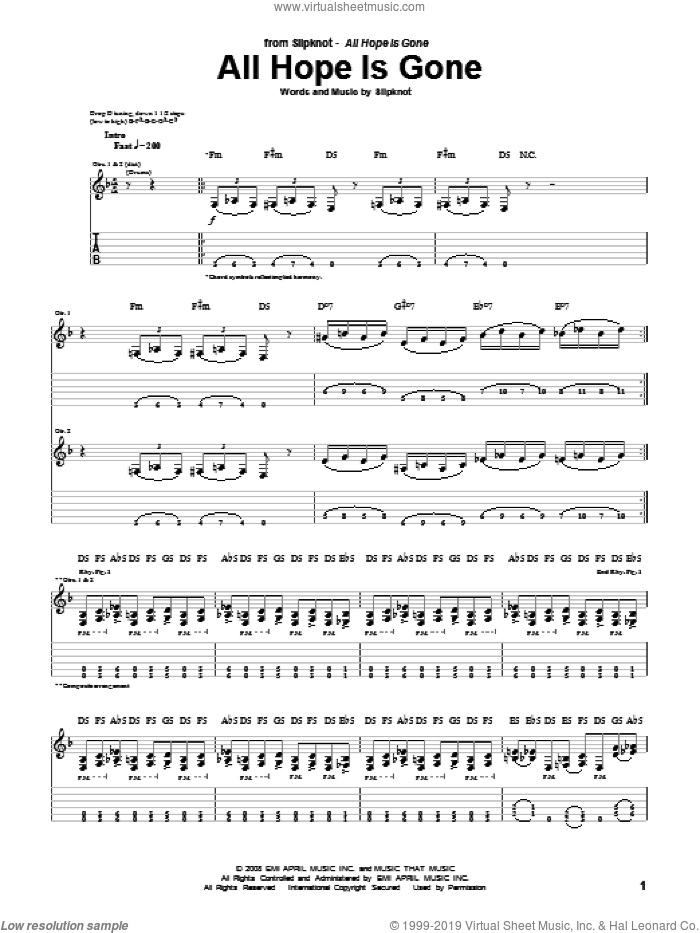 All Hope Is Gone sheet music for guitar (tablature) by Slipknot, intermediate skill level