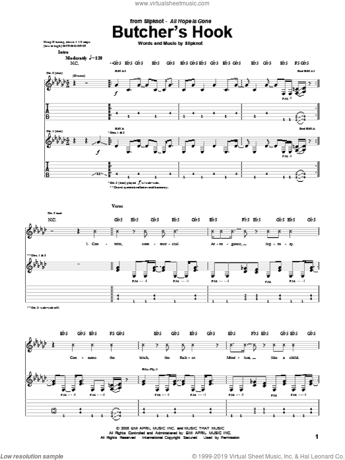 Butcher's Hook sheet music for guitar (tablature) by Slipknot, intermediate skill level